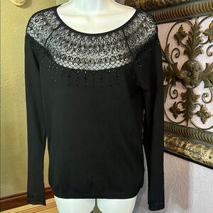 White House Black Market Elegant Black Lace withh black rhinestones LS Sz S